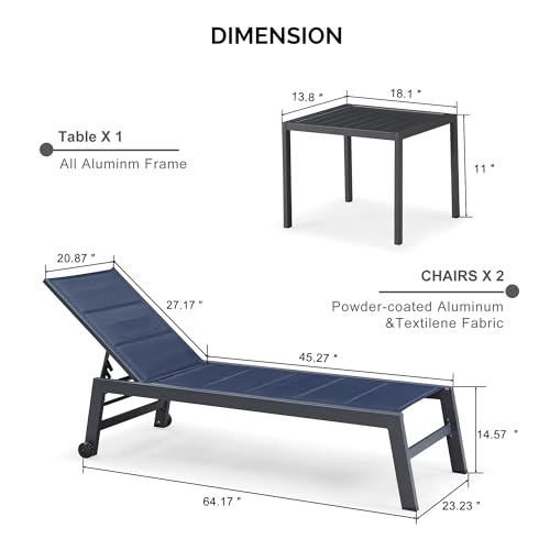 Image of PURPLE LEAF Outdoor Chaise Lounge Set of 2 Aluminum Patio Lounge Chair with Wheels and Side Table Pool Chaise Lounge Chair for Outdoor Backyard Poolside Navy Blue