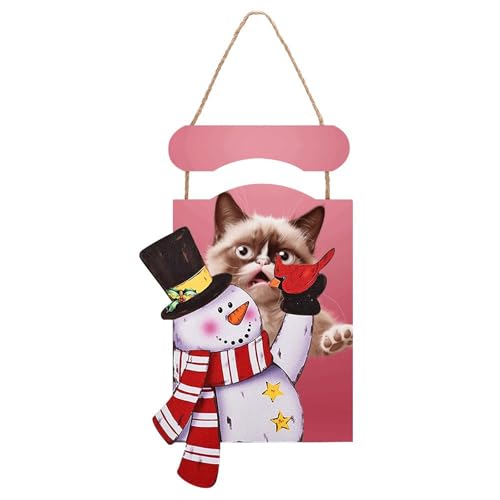 Peinture de Noël en bois chat et bonhomme de neige déco