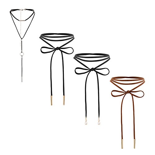 Assorted Style 4 pcs Womens Gothic Black Leather Velvet Long Choker Collar Chain Tassle Wrap Necklace