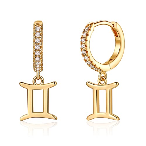 Gemini Earrings Huggie Earrings for Women, S925 Sterling Sliver Post Horoscope Zodiac 12 Constellation Astrology Earrings Dainty Dangle Gemini Huggie Earrings Jewelry Gifts for Women Girls