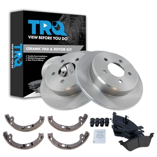 Image of TRQ Rear Brake Pad and Rotor Set Ceramic Parking Brake Shoe Compatible with 2001-2007 Chrysler Town & Country Caravan Grand Caravan