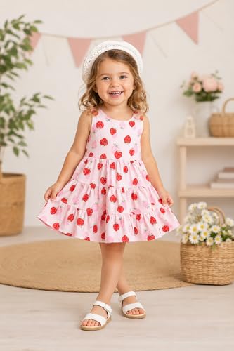 Image of Bold N Elegant Toddler Girls Summer Dress with Crochet Hat Set, Sleeveless Floral /Strawberry Print Tiered Sundress, Casual Beach Party Outfit for Baby Girls 1-6 Years