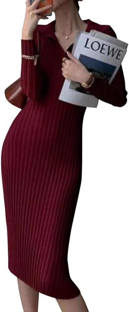 PHOLEEY Womens Tight Dress, Long Sleeve, Midi Length, Rib-Knit Style, Neat, Autumn, Winter, Commuting, Dating, Elegant