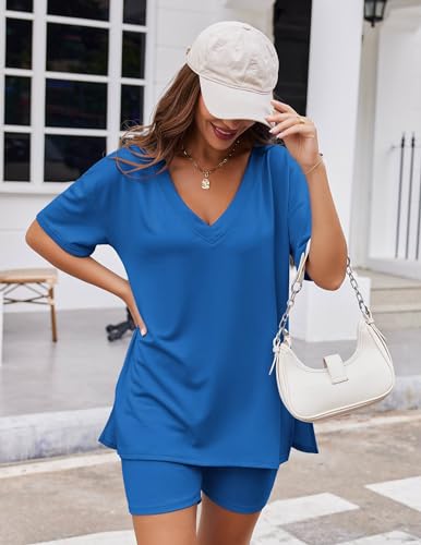Image of Ekouaer Womens 2 Piece Lounge Set Oversized V Neck Top Biker Short Pajamas | Breathable, Elastic Waist, Reversible Top, Soft Loungewear, Casual Daily Workout, Summer Outfits