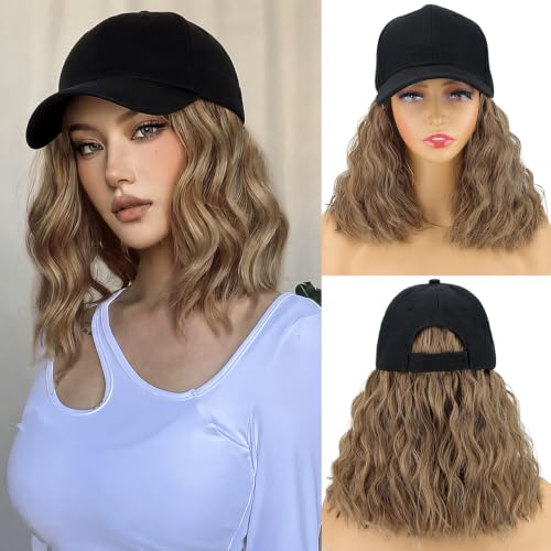 CHRSHN Hat Wigs for Women Baseball Cap With Hair Extensions Synthetic Short Hat with Hair Attached for Women Adjustable Wave Curly Hats Wig for Daily Use