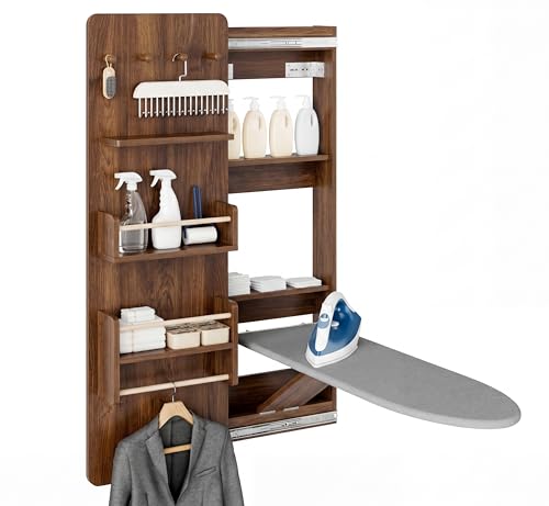 Kikihouse Wall Mounted Ironing Board Cabinet with Storage Foldable Wall Ironing Board with Sliding Door Wall Mount Space Saving Ironing Station for Laundry Room Living Room Entrance (Walnut)