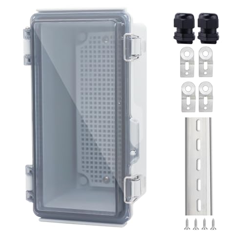 IP67 Waterproof Junction Box, ABS Plastic Electrical Enclosure with Stainless Steel Latch, Hinged Cover Electric Box with Mounting Plate, Wall Brackets &amp; Cable Glands 200x100x110