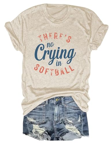 Softball Moms T-Shirt Women There's No Crying in Softball Mama Shirt Funny Softballs Lover Graphic Tee Casual Tops Beige