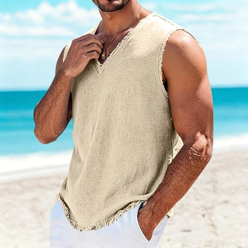 Camiseta de lino para hombre sin mangas cuello en V playa 2
