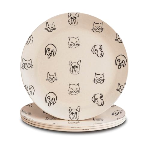 Nook Theory 4 Pack Reusable Bamboo Plates - Non-Toxic Toddler and Kids Plate, Dishwasher Safe, Not Microwavable Dinnerware (Catdog 8")