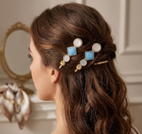 Image of Cute Sky Blue Hair & Jewelry Accessories Gift Set | Matte Flower Claw Clip, Metallic Shimmer Scrunchie, Pastel Hair Slides & Gold Hoop Earrings 4 Pieces