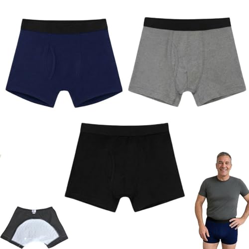 Konfio Boxer Incontinencia Hombre - Bóxer Absorbente Reutilizable, Alta Absorción, Suave y Antiolor, Paquete de 3 Unidades (Gris/Negro/Azul Marino), Talla M-XXL