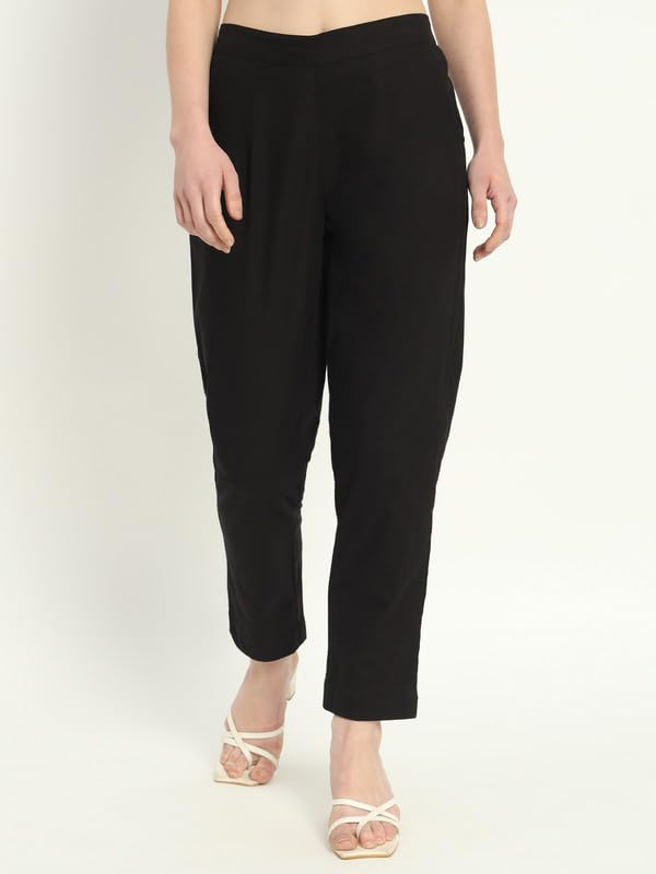 Image of Women's Solid Straight Fit 100% Cotton Trousers | High Waist, Side Pockets, Ankle Length Pants for Office, Casual