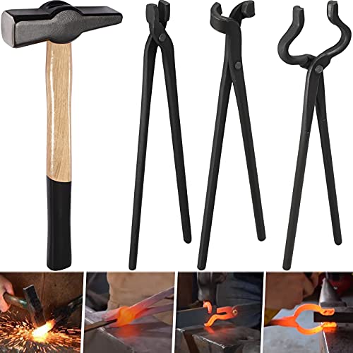 Knife Making Tongs Set and Blacksmithsâ€™ Hammer 0000811-1000 Perfect for Assembled Bladesmith Blacksmith Forge Tong Tools Set Vise Tools Anvil Hammer (4-Pieces)