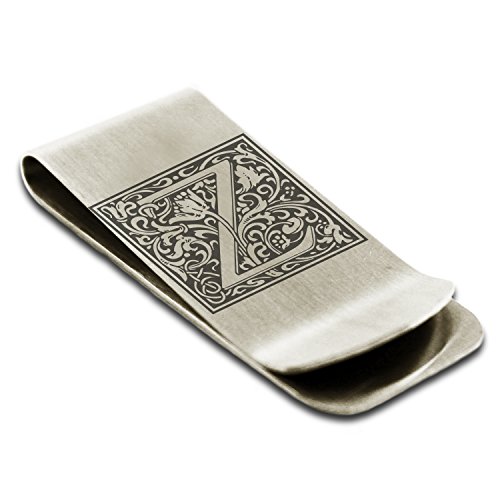 Tioneer Stainless Steel Letter Z Initial Floral Box Monogram Engraved Money Clip Credit Card Holder