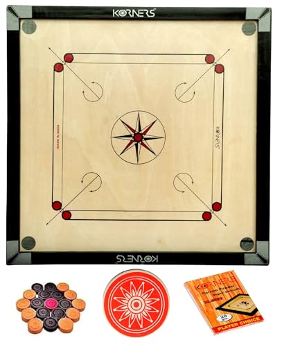 Image of KORNERS Carrom Board with Striker, Coins and Powder, Multicolor| (32 inch SolidWood Round Carrom Board)
