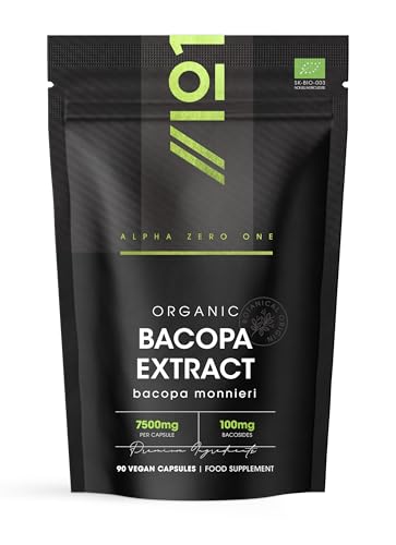 Organic Bacopa Monnieri Capsules 7500mg - 20% Bacosides (100mg Per Capsule) 90 Count Resealable and Recyclable Pouch by Alpha01
