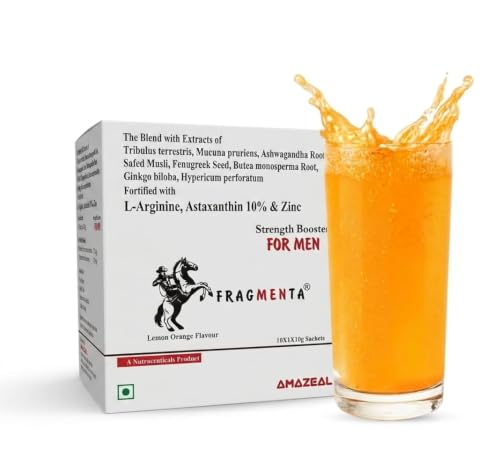 Image of FRAGMENTA Strength Booster Supplement for Men | L-Arginine, Ashwagandha, Safed Musli, Gokhru, Zinc | Strength, Stamina & Energy Booster | 10 Sachets, Lemon Orange Flavour, Sugar Free
