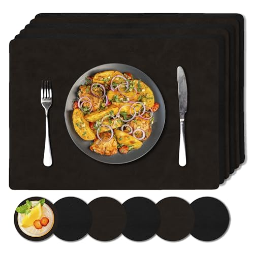 Image of Faux Leather Placemats and Coaster Sets 6 | Dual Sided Brown/Black Table Mats and Coasters | Place Mats For Table 6 - Wipeable Placemats Heat Resistant Place Mat (Black/Brown)