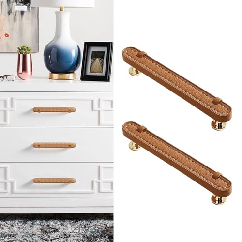 Image of 6 Pack Leather Cabinet Handle Pulls 5 inch Hand-Stitch Brown Leather Drawer Pulls Dresser Handle Pulls for Cabinets Cupboards Dressers Drawers Bedroom Leather Pulls