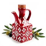Red Ceramic Olive Oil Dispenser Bottle 8.5 oz – Decanter for Kitchen with Handle & Wooden Stopper, Small Decorative Oil and Vinegar Dispenser Set, Cooking Oil Container Cruet for Olive, Avocado