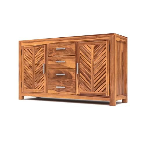 Image of Solid Sheesham Wood Sideboard Cabinet with 4 Drawers & 2 Doors | Rosewood Storage Cabinet for Living Room, Dining Room & Office (Honey Finish)