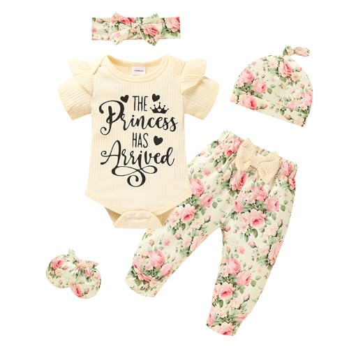 Image of Sinhoon Newborn Baby Girl Clothes Hello I'm New Here Letter Romper+Floral Pants+Hat+Headband+Coming Home Outfits