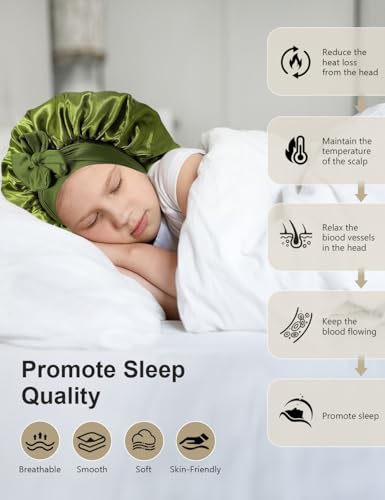 Satin Silk Hair Bonnet for Sleeping Women Kids, Double Layer Bonnet with Tie Band for Girls Boys Curly Hair Night Cap2