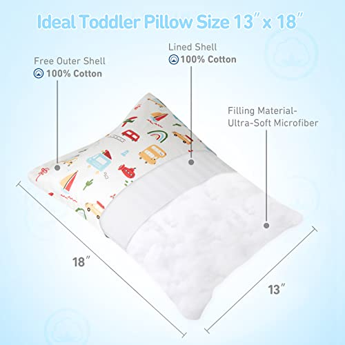Babebay Toddler Pillow With Pillowcase, 13×18 100% Cotton Toddlers Pillows For Sleeping, Machine Washable Kids Pillows Perfect For Toddler Bed, Daycare, Small Pillows For Travel, Boys - Transport #TOP5