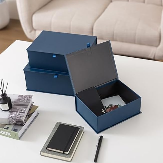 Soul & Lane Decorative Cardboard Storage Boxes with Lids - Set of 3, Memory Boxes for Keepsakes, Stacking Decorative Photo Storage for Pictures and Decor, Navy Blue