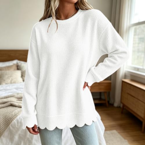 Womens Scalloped Top Waffle Knit Top Long Sleeve Crewneck Pullover Blouse - image 3