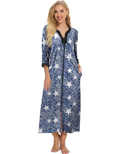 Image of Bloggerlove House Dresses for Women Zip Up Robes Soft Cotton Nightgown Half Sleeve House Coat Long Night Gowns Sleepwear