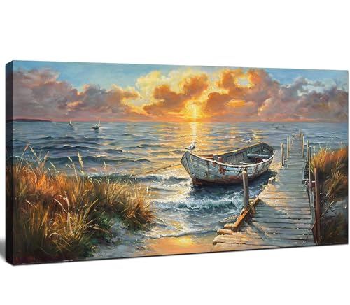 Sunset wall decoration painting Ocean beach sailing boat painting -