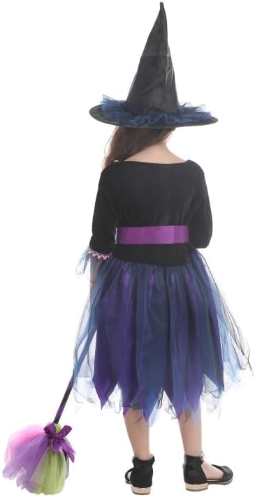 Vista 5 de Disfraz de bruja infantil para niñas, disfraz de bruja de Halloween con sombrero, fiesta de disfraces
