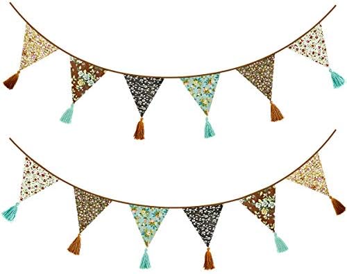 12Pcs/13Ft Fabric Triangle Flags Cotton Tassel Banner, Vintage Floral Bunting Pennant Garland for Wedding,Birthday Parties,Baby Shower,Festivals,Nursery,Home,Outdoor Hanging Decoration(Brown)