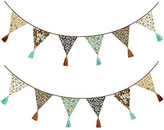 12Pcs/13Ft Fabric Triangle Flags Cotton Tassel Banner, Vintage Floral Bunting Pennant Garland for Wedding,Birthday Parties,Baby Shower,Festivals,Nursery,Home,Outdoor Hanging Decoration(Brown)