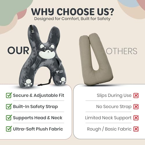 Image of Kids Car Sleeping Pillow, H-Shaped for Neck & Back Support, Grey Dog | Hands & Seat Belt Slot, Machine Washable & Compressible, Perfect for Car, Plane, Train, Boat & More
