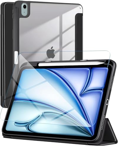 eller santé® 2IN1 Combo Back Flip Stand Cover Case + Tempered Glass for iPad Air 13 inch (M2) 360 Degree Pencil Holder Free-Angle Viewing with Adjustable Stand Auto Wake/Sleep- Jet Black