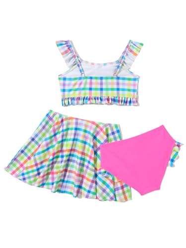 Big Girls 3 Pcs Bathing Suits Ruffles Swim Crop Top Brief with Swimskirts Bikini Sets2