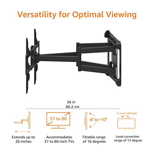 Image of Amazon Basics Heavy Duty Extension Dual Arm, Full Motion Articulating TV Mount with Tilt and Swivel for 37 inch to 80 inch TVs up to 132 lbs, VESA Compatible, Fits LED LCD OLED Flat Curved Screens, Black