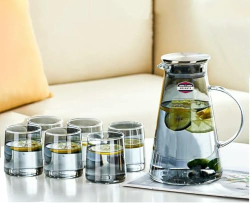 Image of Premium Water and Juice Black Glass & Borosilicate Glass Jug Set Combo [6 Piece Glass 280ML & 1 Piece Jug 2 Liter] Transparent Pitcher Set for Dining Table,Home & Restaurant,Party (MTS - 04)