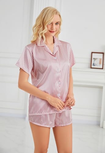 Image of Satin Pajamas for Women, Notch Neck PJ Adjustable Drawstring Shorts | Silky pajama set for women with a lightweight drape. Breathable feel, stays soft after wash