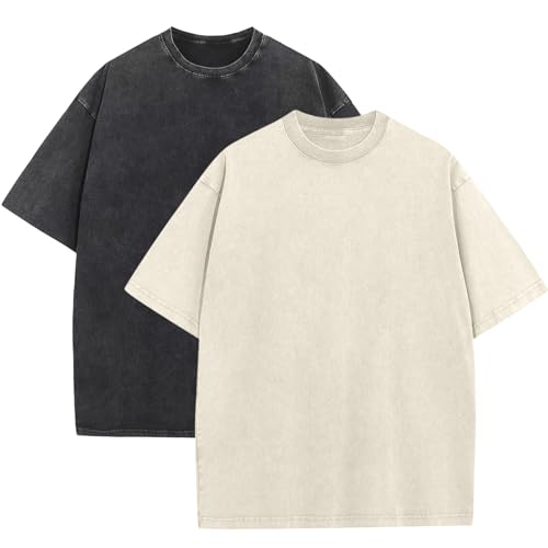 Image of KEEPSHOWING Mens Oversized T Shirts Acid Wash Loose Fit Vintage Washed Tee Shirt Short Sleeve Streetwear Casual T-Shirts