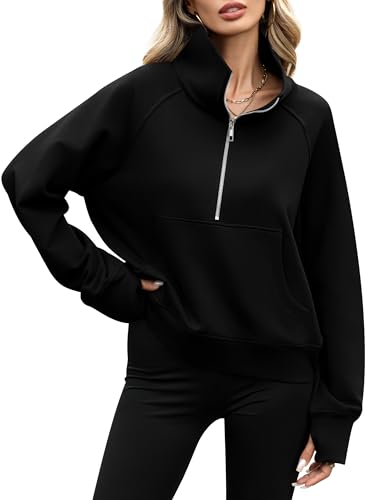 Missufeintl Women's Half Zip Fleece Sweatshirts Raglan Long Sleeve Pullover Oversized 2025 Fall Casual Outfits Clothes (Black, Medium)