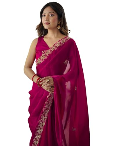Image of SIRIL Women's Tissue Silk Sequence Embroidery Saree with Unstitched Blouse Piece