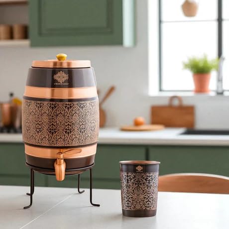 Image of Indian Art Villa Copper Water Carafes with Embossed & Black Printed Design - 5 Liter Water Carafes with Stand, Tap & Glass (275 ML), Ayurvedic Drinkware for Home, Office, Gifting & Daily Hydration