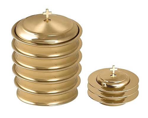 Mayur Exports Communion Ware Church Set | Stackable 5 Communion Trays with Cover & 3 Bread Plates with Cover | Ideal for Churches | Stainless Steel - Shiny (Gold) Finish