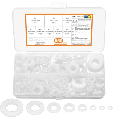 650 Piezas Arandelas Planas, Pasacables de Nylon, Arandelas de Seguridad, Electrico Pasamuros, Espaciadores Redondos para Fijaciones Industriales - Blanco, M2/M2.5/M3/M4/M5/M6/M8/M10