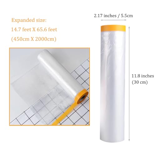 Image of OULIGET Taped Masking Film,Plastic Dust Proof Paint Protective Film,Waterproof Transparent Masking Film and Tape, Paint Masking Film for Furniture Wall Car Carpet,14 X 65 Feet X 2 Rolls