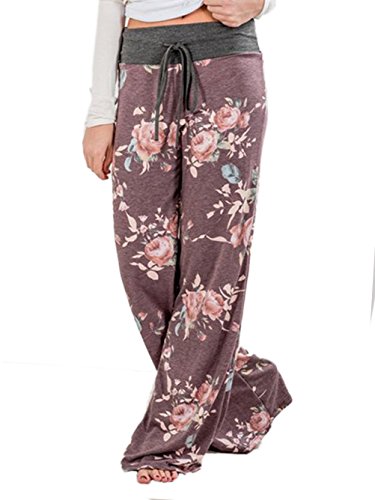 Image of iChunhua Women's Comfy Stretch Floral Print Drawstring Palazzo Wide Leg Lounge Pant